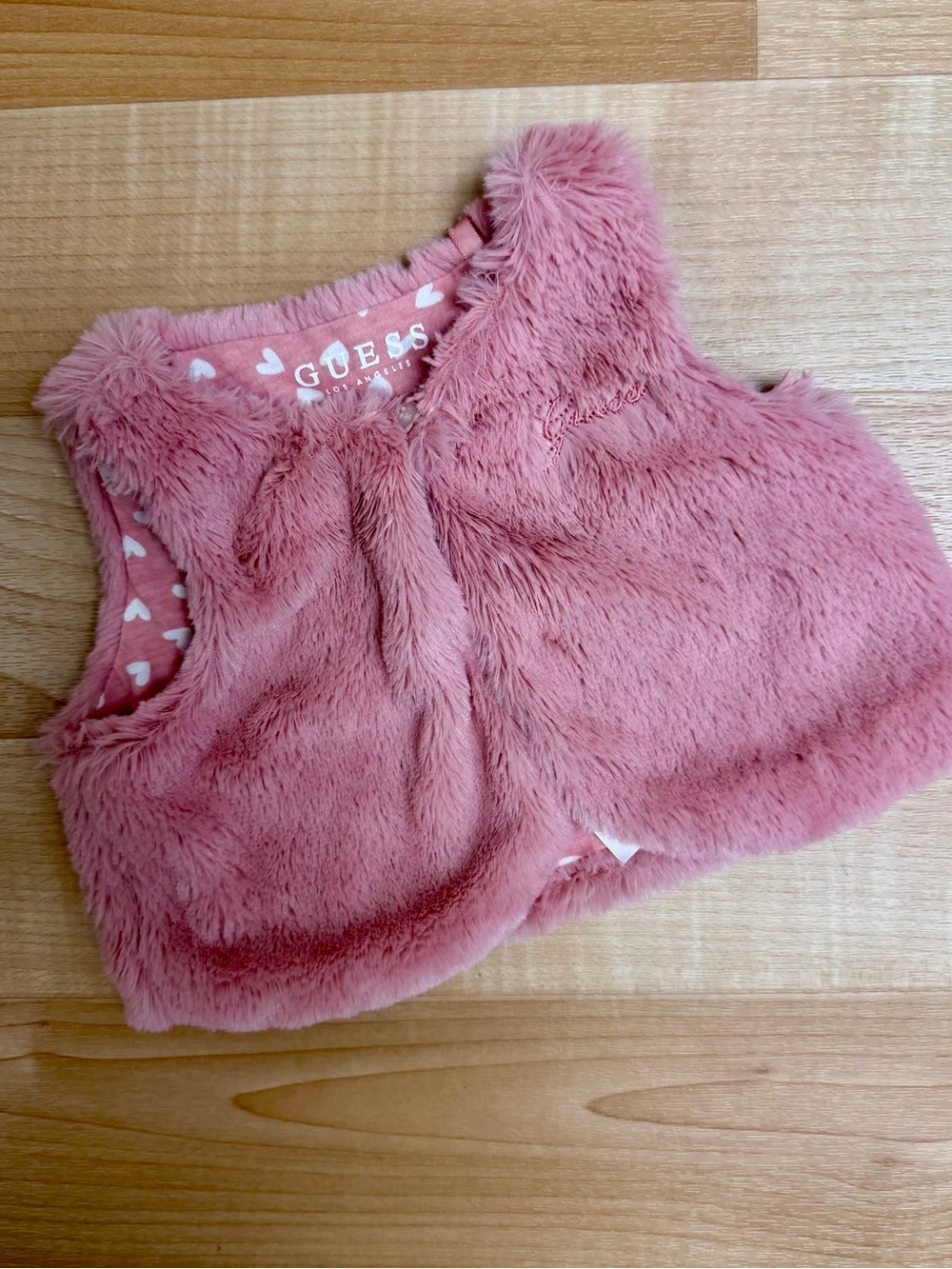Guess Baby Girl Faux Fur Vest Size 3/6M Pink Heart Lining